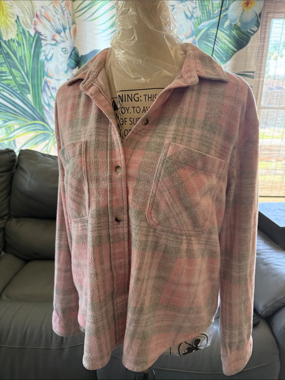 Women's Pink Plaid Button-Down Shirt Jacket